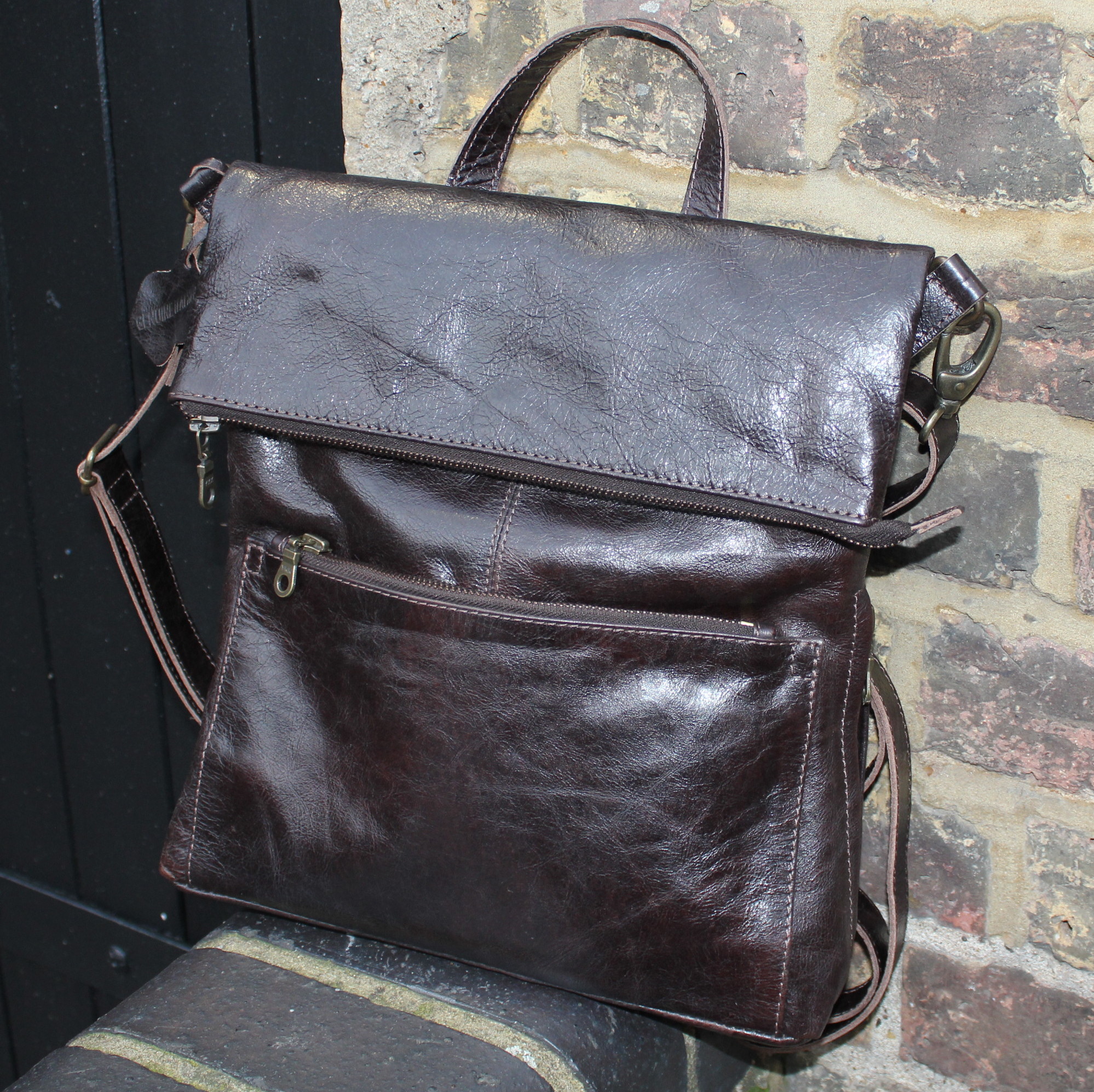Multiway Backpack Brown Leather Amelie Brown Shiny Leather 