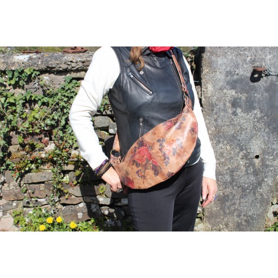 Half Moon Floral Leather Cross body Handbag 