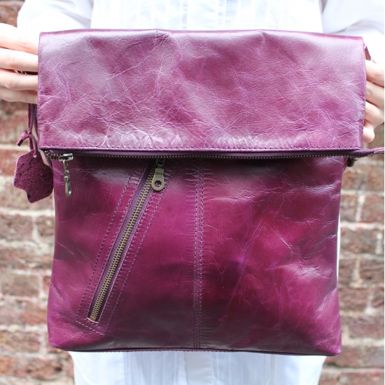 Amelie Crossbody Messenger Swing Bag Purple Leather